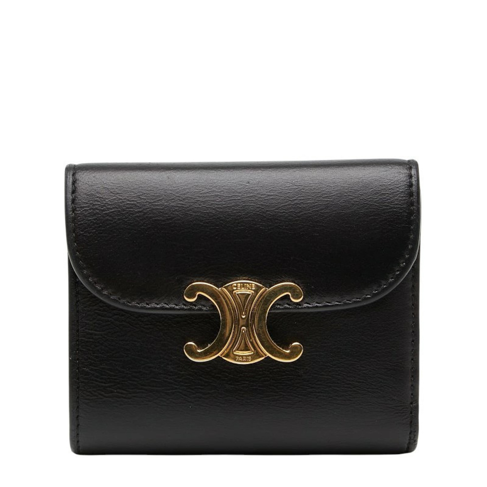 Celine Triomphe Flap Wallet Tri fold Black Leather